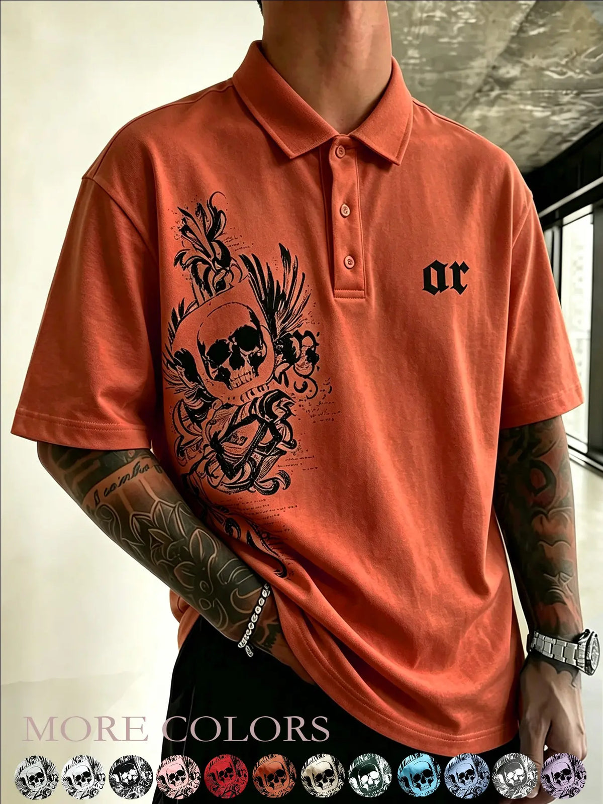 Men's Black Gothic Skeleton Letter Printed – American retro Gothic street style short-sleeved top, Streetwear Polo Shirt, suitable for Y2K, casual daily wear, date outfits, campus life, street style, light business casual, summer outings.