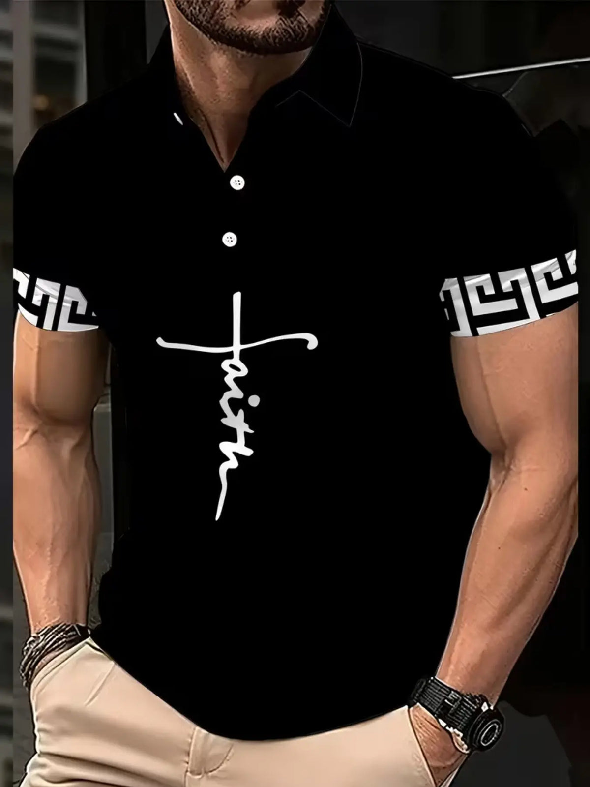 Men's Fashion Streetwear Short Sleeve Collared Polo Shirt, Geometric Print, Classic Casual Fitted Design, Polo Style, All Seasons, Perfect for Vacation & Daily Wear, Menswear, Printed Polo Shirts, Summer Polos