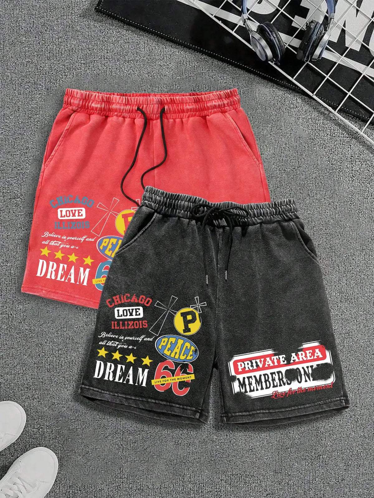 Men's Washed '66 Road' Loose Graphic Shorts, Vintage Patchwork Print, Soft Cotton Blend Fabric, Casual Street Style, Daily Wear, Casual Streetwear Shorts