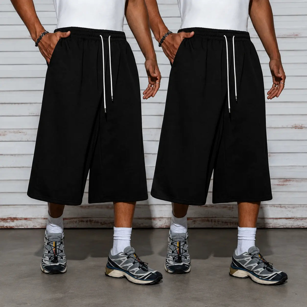 Men's 2-Pack Wide-Leg Capri Shorts, Male Clothing, Active Casual Pockets, Plain, Loose Relaxed Fit, Drawstring Elastic Waistband, Fashion Streetwear, 7/8 Length, Breathable, Suitable for Summer Workouts, Home Wear