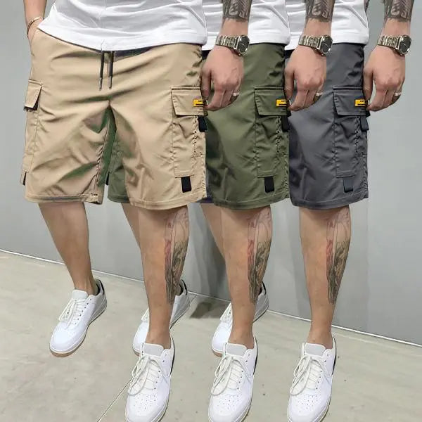 Men's 3-Piece Plain Streetwear Utility Outfits - Hoodie, Multi-Pocket Design Lightweight Mid-Rise Utility Men's Shorts, Comfortable Stylish Outdoor Clothes, Suitable for Everyday Casual & Sports Wear, Beige, Multi-Pocket Design Men's Shorts