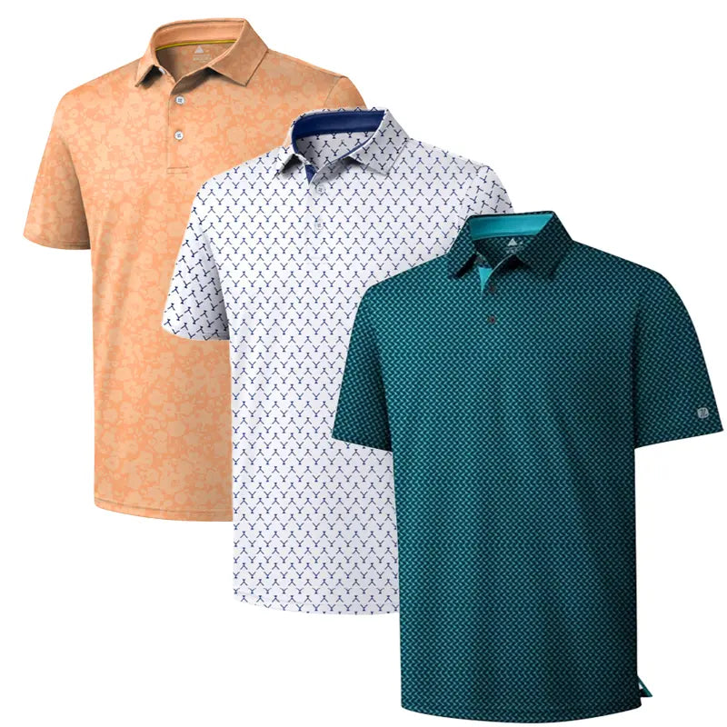 ZITY Men’s 3-Pack Short Sleeve Unique Prints Button Polo Shirts - 4-Way Stretch, Breathable, Moisture Wicking, Cool Touch, UPF 30+ Protection, Casual Outdoors/Party Top - Check Size Chart, Holiday Gifts for Boyfriend