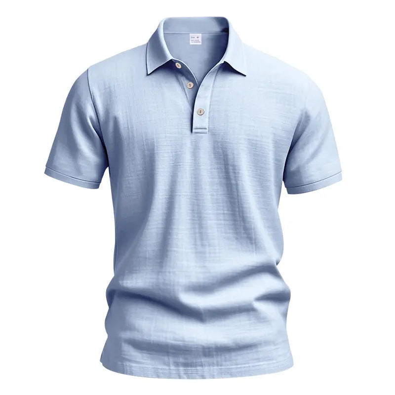 Men’s summer washable crinkled linen polo shirt with classic lapel and three-button placket, relaxed drop-shoulder fit; lightweight and breathable—ideal for seaside/beach, commuting, and casual wear.