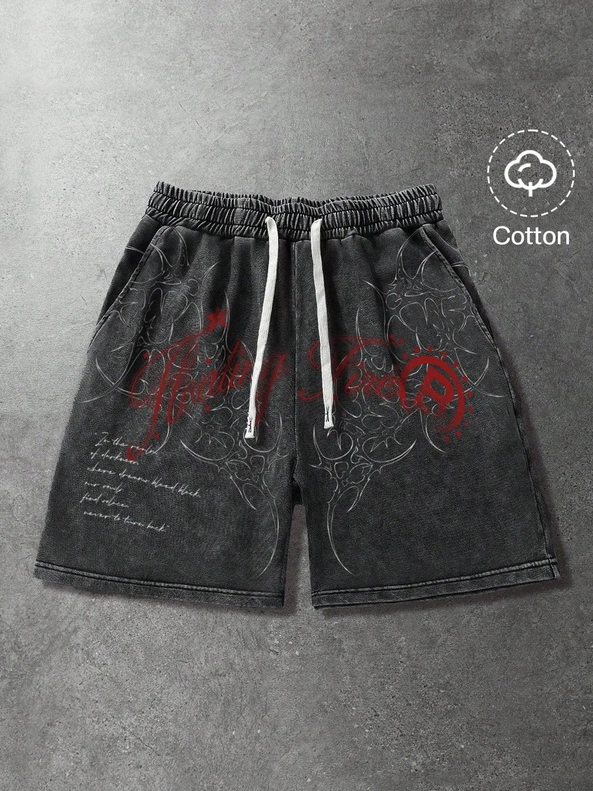 Y2K Gothic Thorn Totem Shorts, Washed Cotton Loose Street Style Unisex Casual Shorts, Drawstring Waist, Graphic Pattern, Short Length, Graphic Print Shorts, Loose Fit Shorts, Drawstring Waistband Shorts, Casual Streetwear Shorts