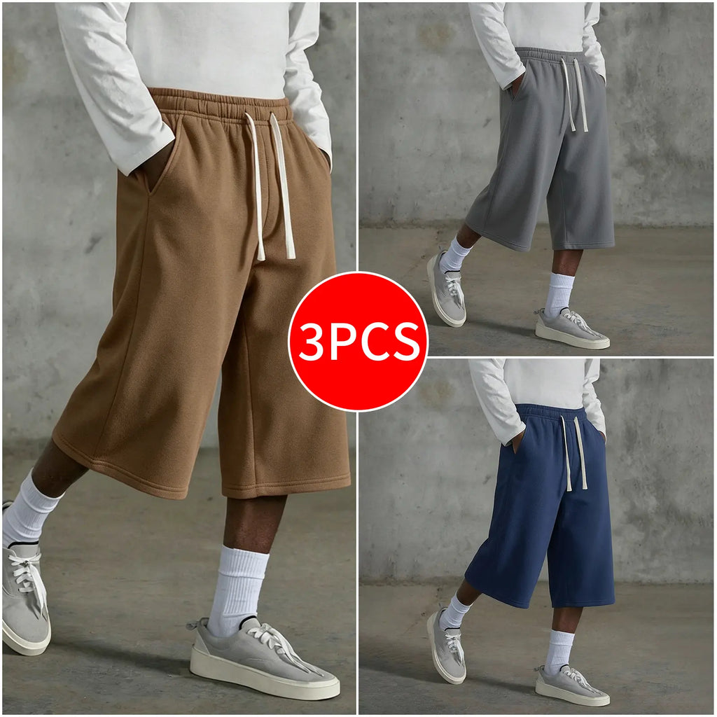 3-pack Men’s casual seven-eighths shorts, summer street style; men’s straight-leg athletic pants; soft, comfortable jogging pants with pockets—suitable for everyday life, work, travel, running, leisure, and outdoor activities.