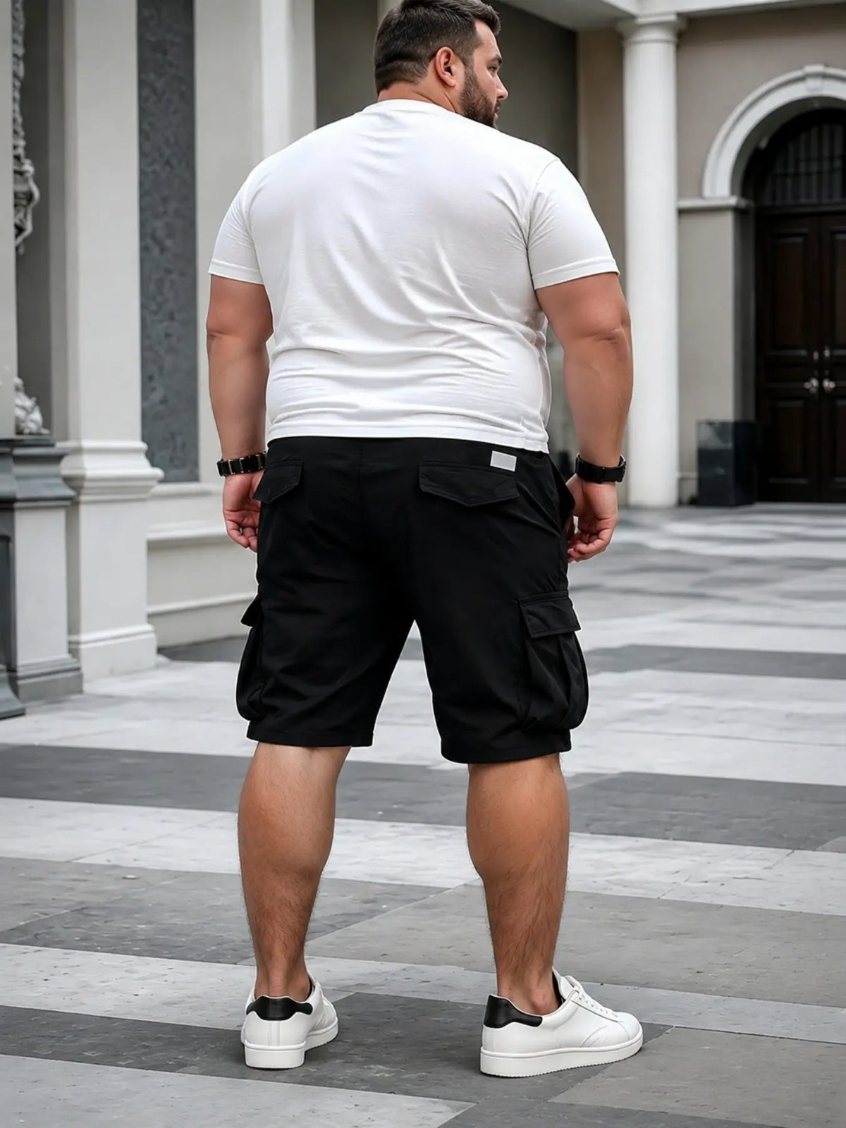Large Size Men's Fashion Cargo Style Shorts, Plain Polyester Material, Multiple Pockets Design, Non-Elastic, Summer Daily Wear, Casual Streetwear Outdoor Shorts, Menswear