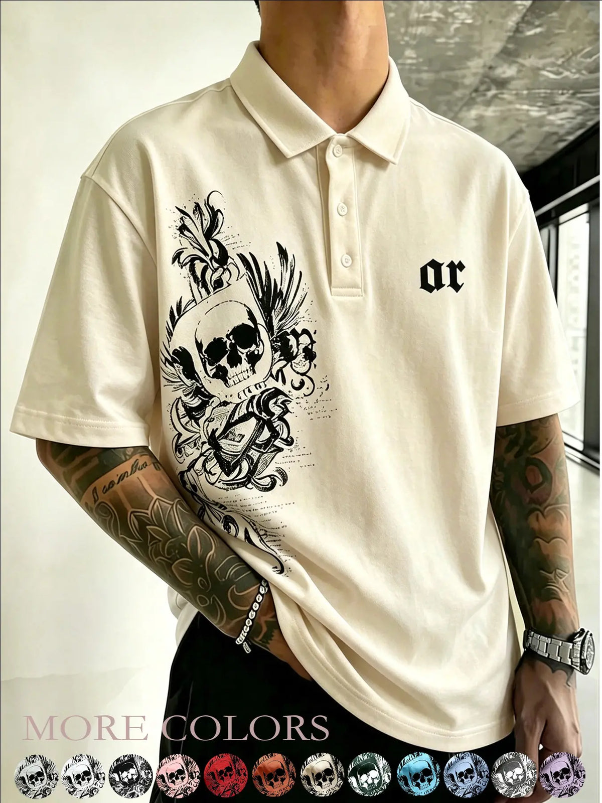 Men's Black Gothic Skeleton Letter Printed – American retro Gothic street style short-sleeved top, Streetwear Polo Shirt, suitable for Y2K, casual daily wear, date outfits, campus life, street style, light business casual, summer outings.