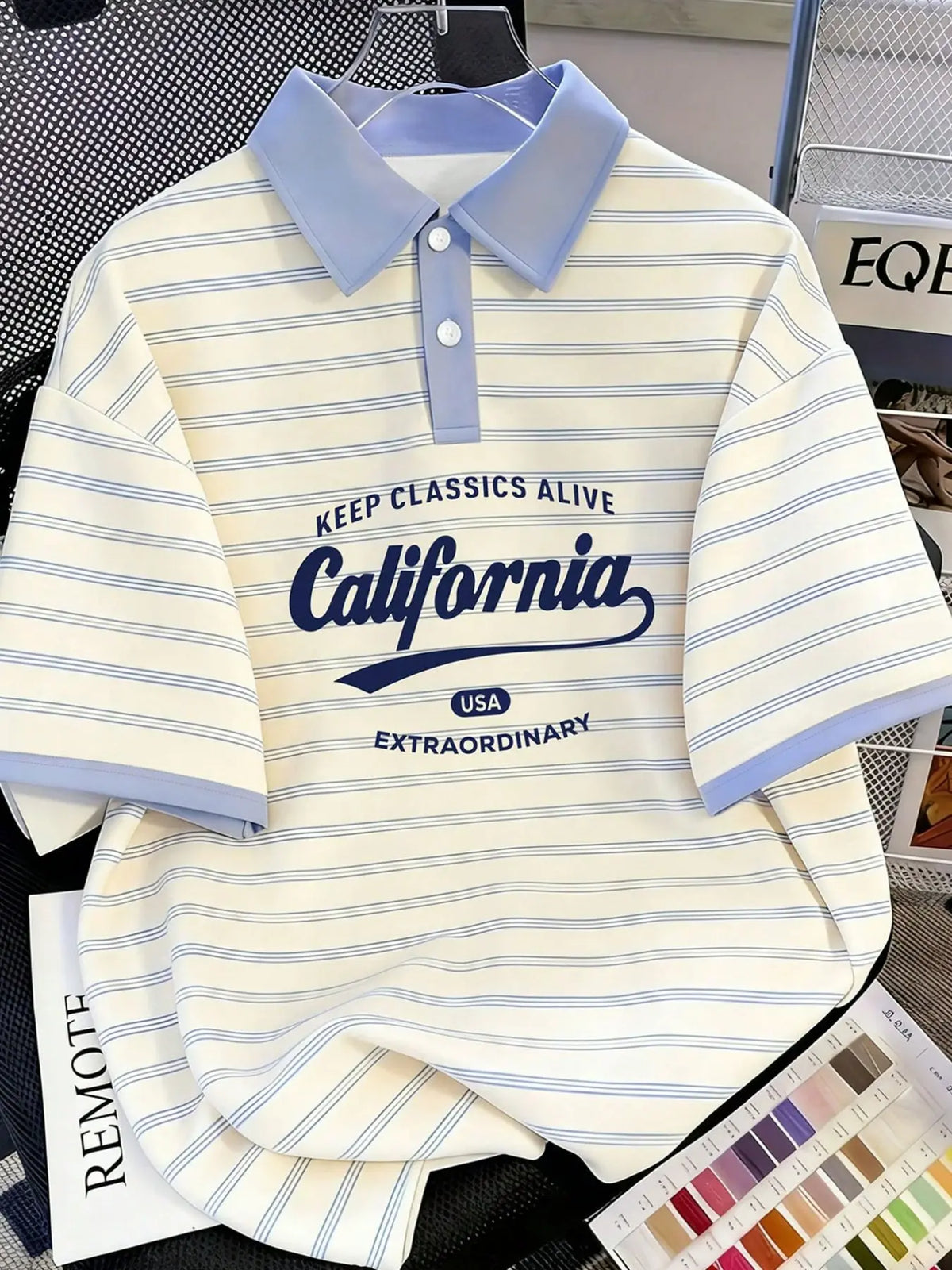 Men's Classic Horizontal Striped Contrast Collar Printed Collared Polo Shirts, Vintage California Letter Print Short Sleeve Casual Preppy Tops, Loose Fit Summer Basic Tee