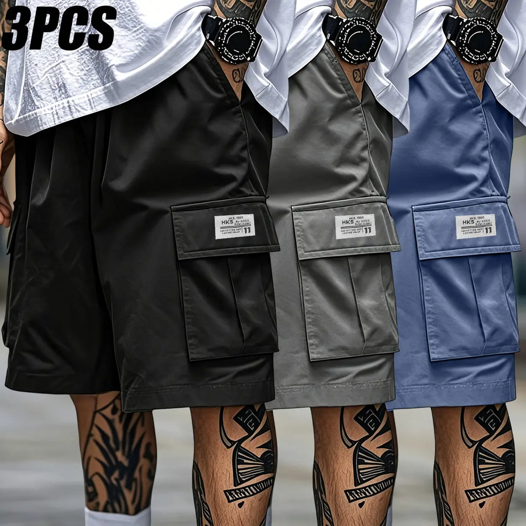 Men's 3-Piece Polyester Menswear Set: Loose-Fit Drawstring Pocketed Cargo Shorts, Mid Waist Regular-Leg Straight Outdoor Work Pants (Machine Washable) for Outdoor Activities, Casual Wear | Black + Gray + Army Green, Multi-Size Summer Bottoms