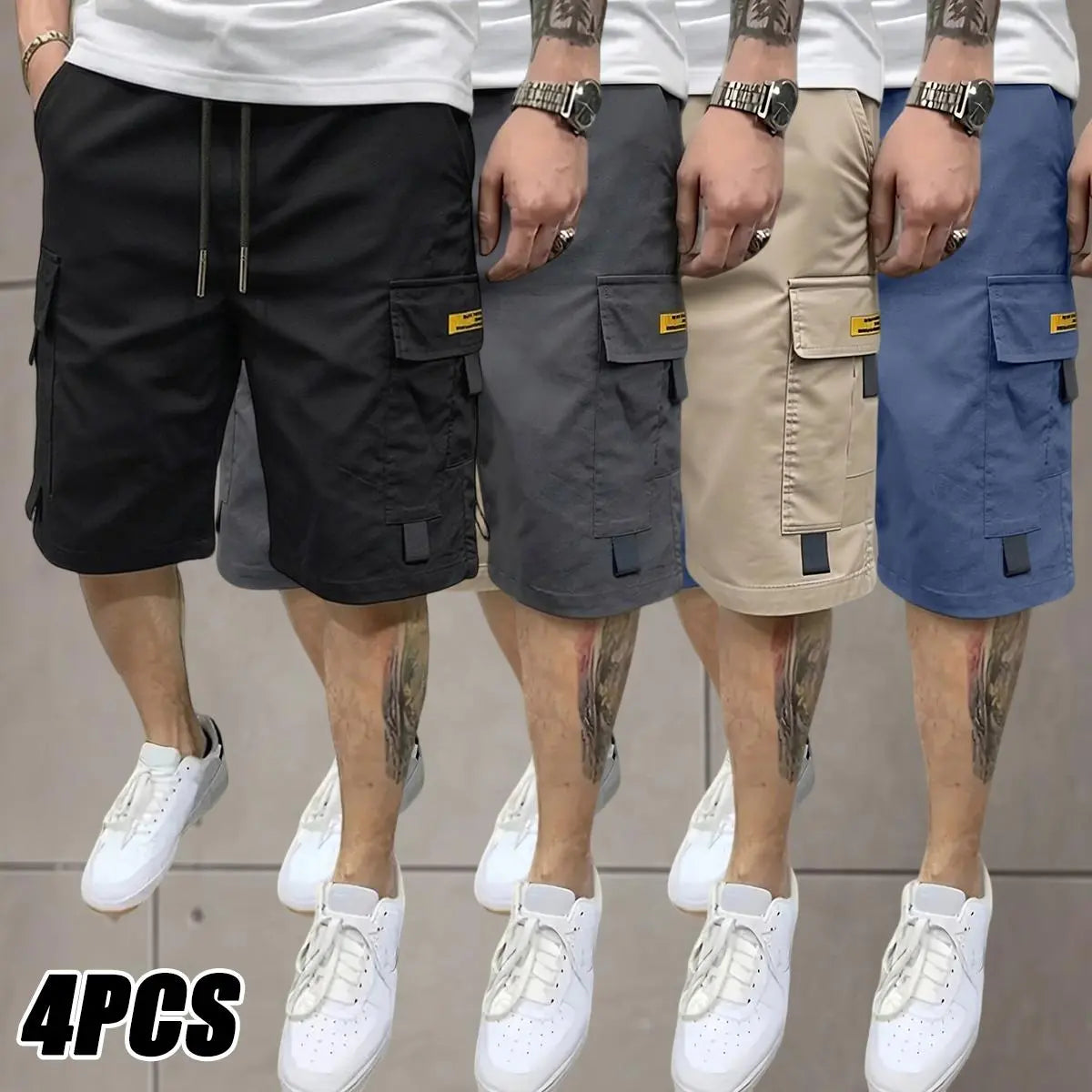 Men's Mid-Rise Fitted Plain Cargo Shorts 4-Pcs Menswear Set (Black, Gray, Khaki, Blue) - Durable, Breathable, Hand-Washable for Outdoor Adventures, Casual Wear, Men's Shorts, Mid-Rise Men's Shorts