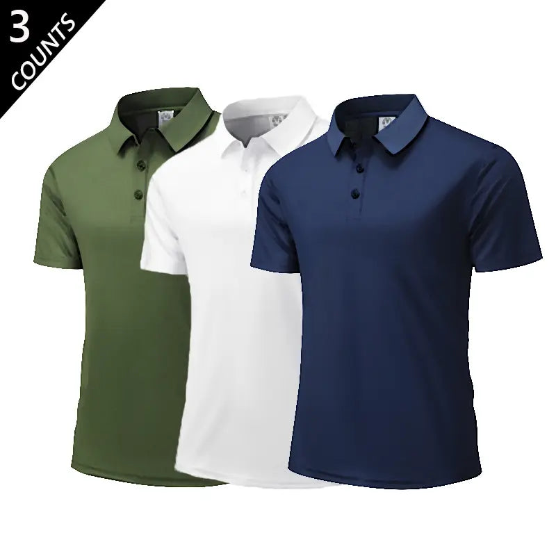 Men's 3-Pack Plain Polo Shirts - Fitted Top with Soft Breathable 100% Polyester Fabric, Short Sleeves, Classic Collar, Button Front, Ideal for Work, Golf