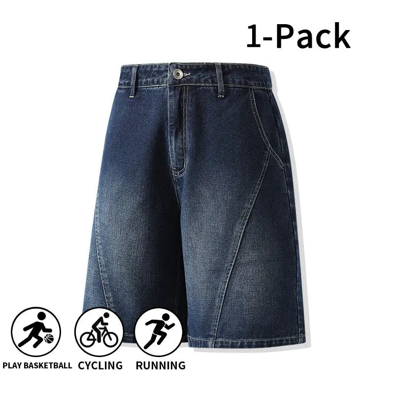 Men's 3-Pack Washed Denim Bermuda Shorts Outfits Set - Loose-Fit, Breezy Cut, Knee-Length, Breathable, Machine Wash, Sporty Casual for Outdoor, Everyday Wear
