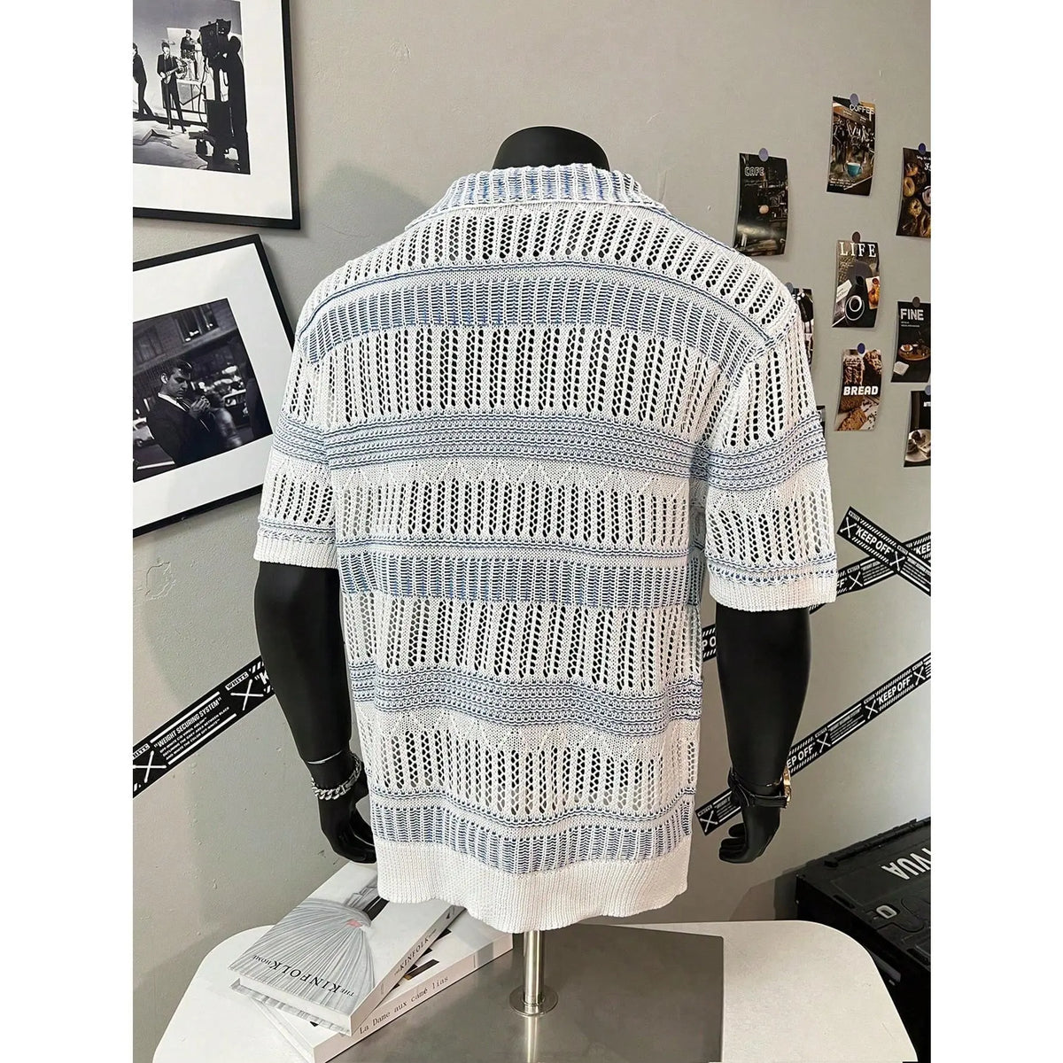 Men's Collared Striped Polo Shirt - Hollow Knit Fabric, Lightweight Short-Sleeve Relaxed-Fit Top with Button Closure for Summer Golf, Office