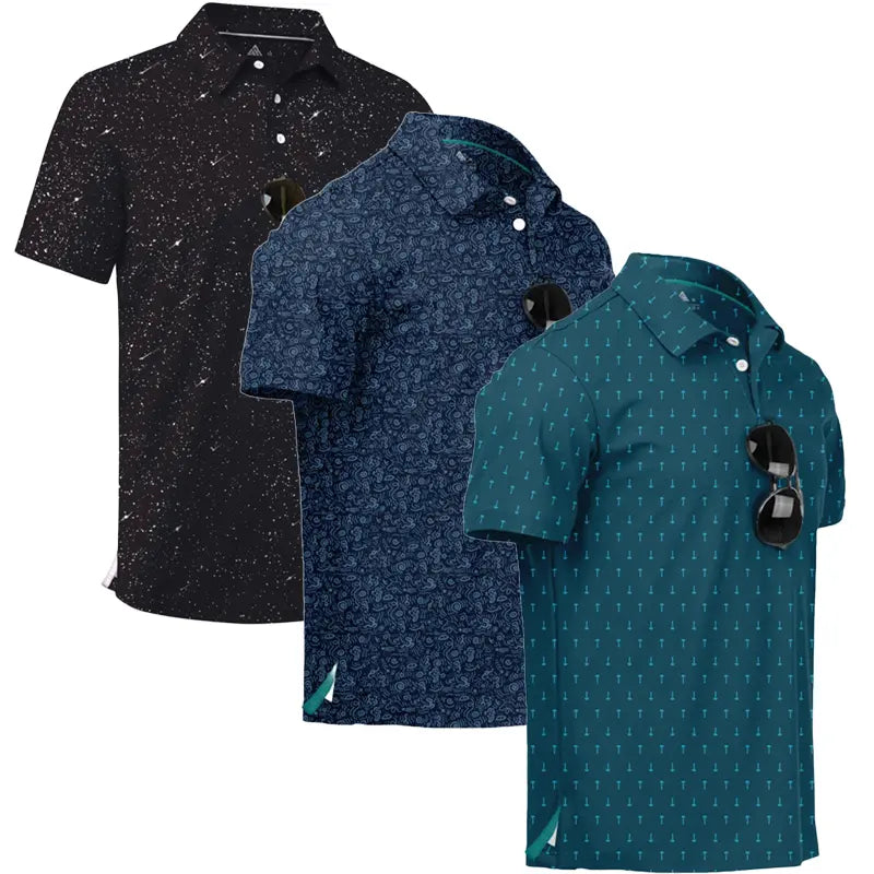 ZITY Men’s 3-Pack Short Sleeve Unique Prints Button Polo Shirts - 4-Way Stretch, Breathable, Moisture Wicking, Cool Touch, UPF 30+ Protection, Casual Outdoors/Party Top - Check Size Chart, Holiday Gifts for Boyfriend