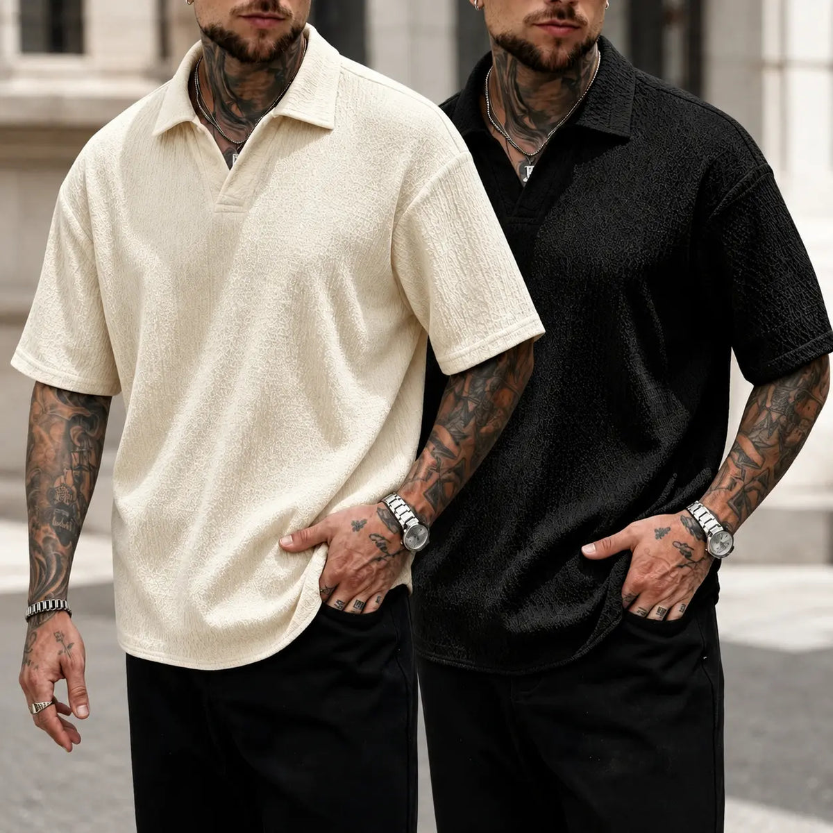 Men's 2-Pack Plain Jacquard Drape Polo Shirts - Short Sleeve, Johnny Collar, V-Neck, Breathable, Lightweight, Soft, Versatile, Sporty Chic, Street Chic, All Seasons Tops - Ideal for Everyday Wear, Workwear, Modern Menswear