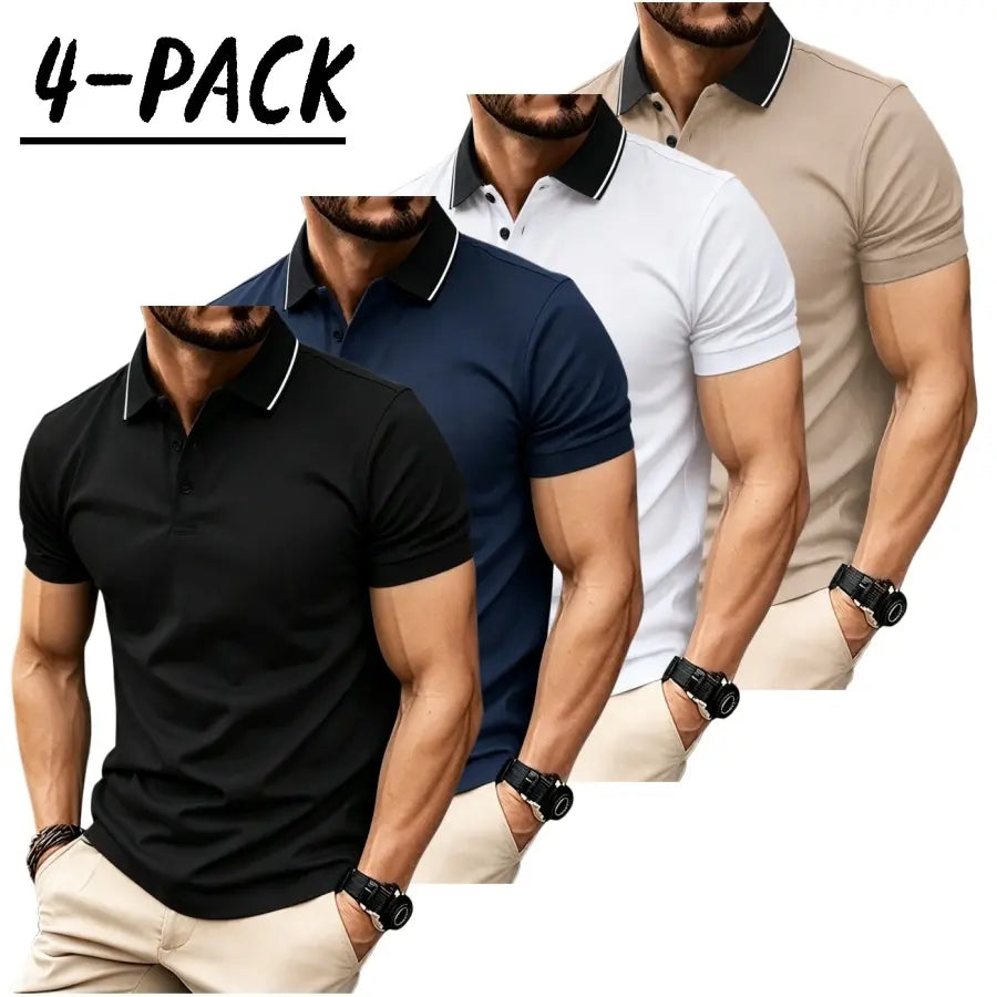 Men’s short sleeve polo shirt set of four pieces with a turn down collar and three buttons; urban casual style with contrast piping at the collar, slim tailored shoulders, and refined bead detailing. Suitable for men’s commuting, shopping, and exploring s