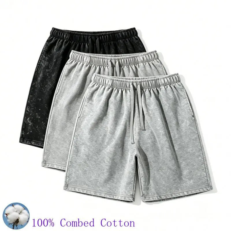 Men's 100% Combed Cotton Washed Drawstring Beach Shorts - Above-the-Knee, Elastic Waist, Loose Fit, Breathable Comfy Fabric, Side Pockets, Summer Casual Wear, S-3XL