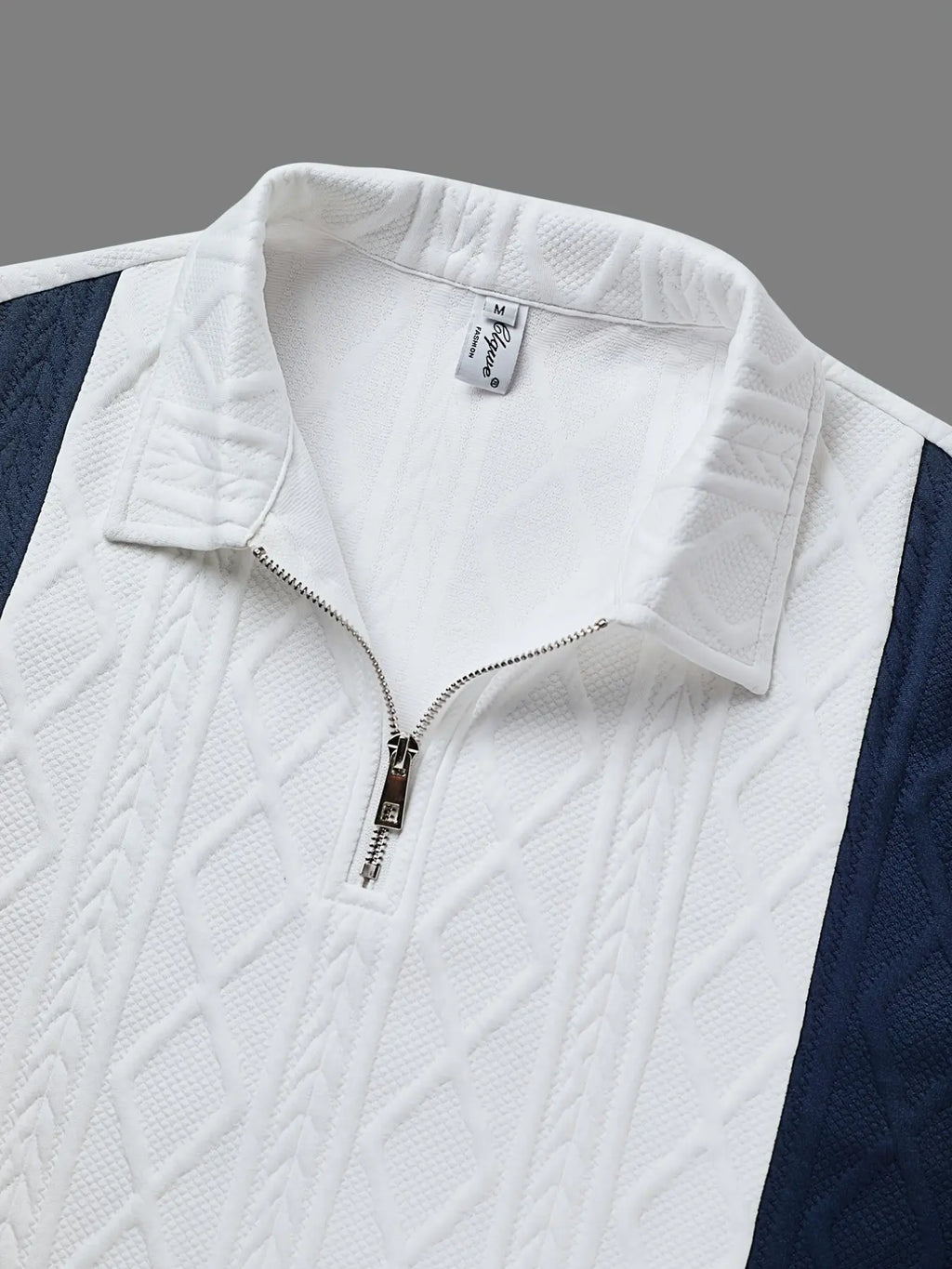 Men's Blue Colorblock Diamond Pattern Knit Polo Shirt, Lightweight Classic Casual Tropical Vacation Style, Zipper Front + Textured Jacquard, Daily/leisure Wear, Knitted Polo Shirt