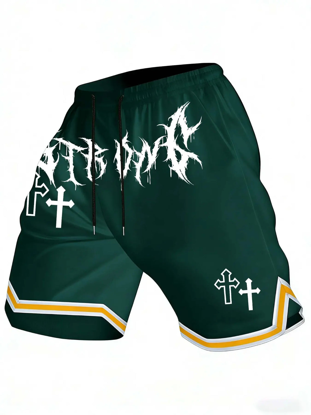 Men's Thash Inspired Fitted Fashion Shorts, Gothic Punk Letter & Cross Graphic, Elastic Waist, Casual Streetwear for Skateboarding & Daily Wear, Letter Print Shorts