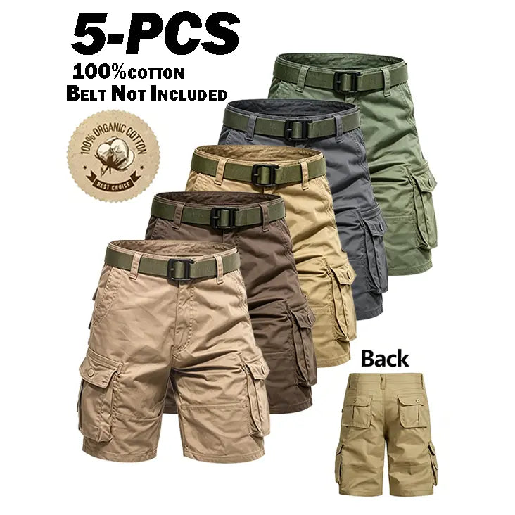 5-Piece Set Men's Vintage Organic Cotton Cargo Shorts - Mid Waist, Straight Knee Chino Bottoms, Loose Fit, Breathable, Soft, Multiple Pockets - Casual Pants for Camping&Hiking, Outdoor, Daily Wear - Light Solid Color Male Streetwear