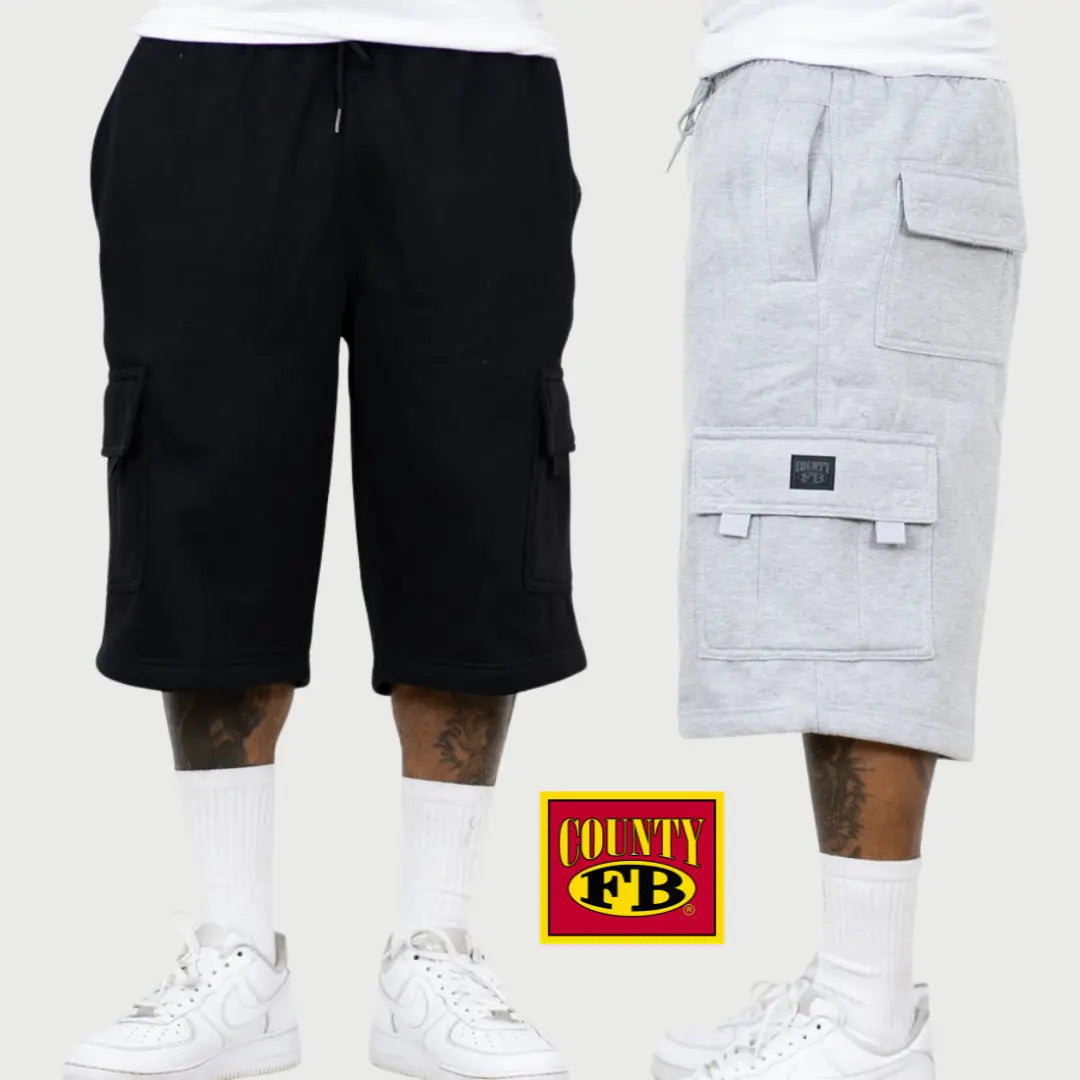 FB County Men's Heavyweight Fleece Pocketed Cargo Sweat Shorts - Retro, Unisex Baggy Loose-Fit Knee-Length Work Sportswear, Plain Cozy Streetwear Bottoms, Pocket