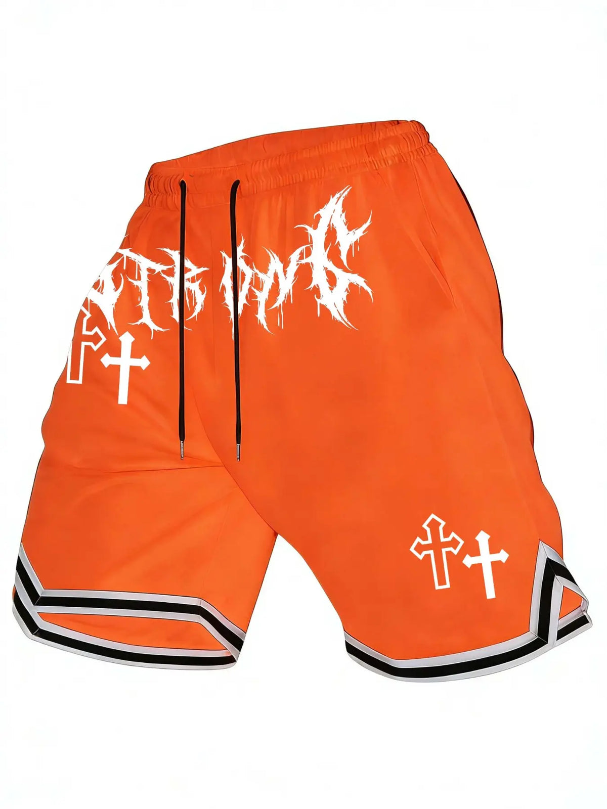 Men's Thash Inspired Fitted Fashion Shorts, Gothic Punk Letter & Cross Graphic, Elastic Waist, Casual Streetwear for Skateboarding & Daily Wear, Letter Print Shorts