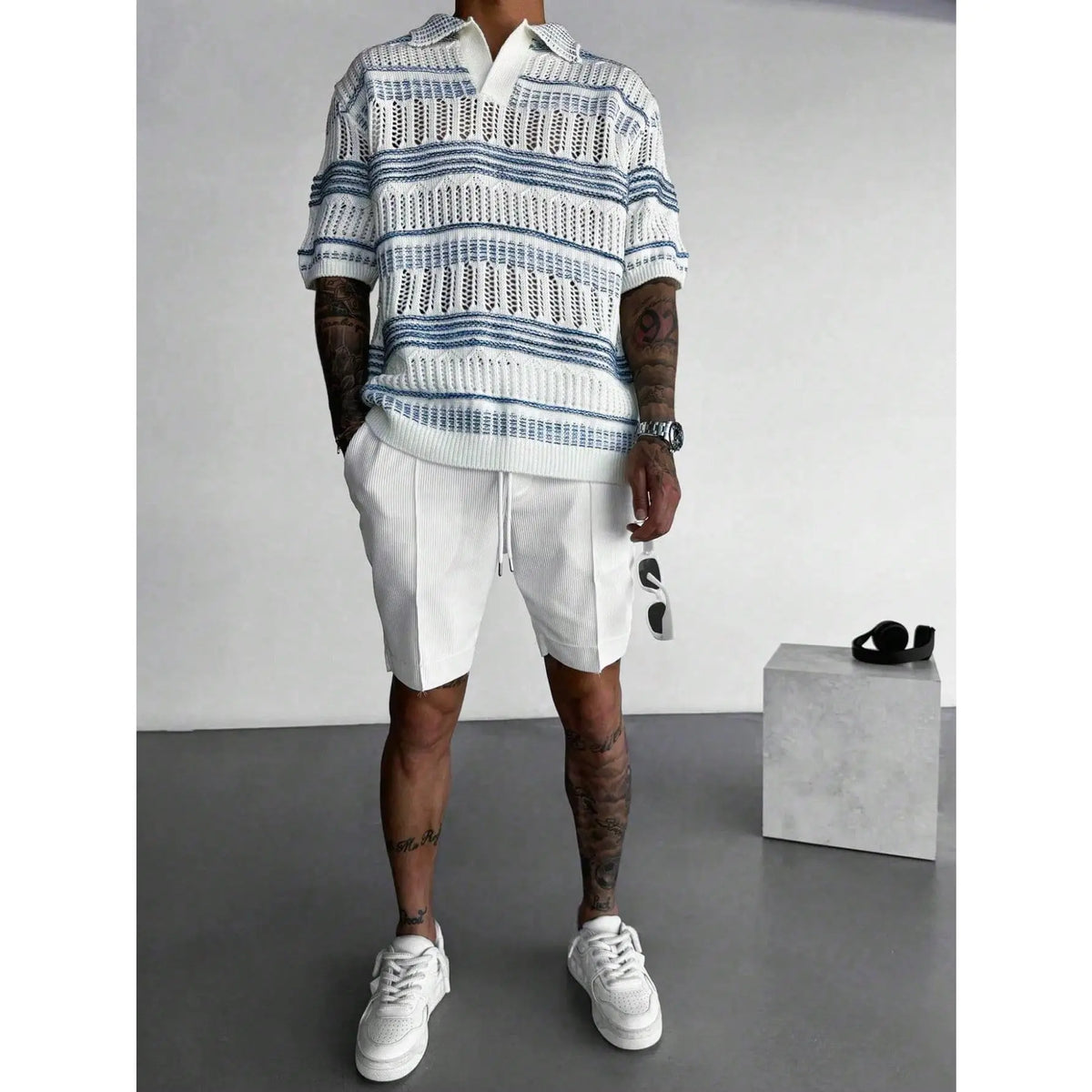Men's Collared Striped Polo Shirt - Hollow Knit Fabric, Lightweight Short-Sleeve Relaxed-Fit Top with Button Closure for Summer Golf, Office