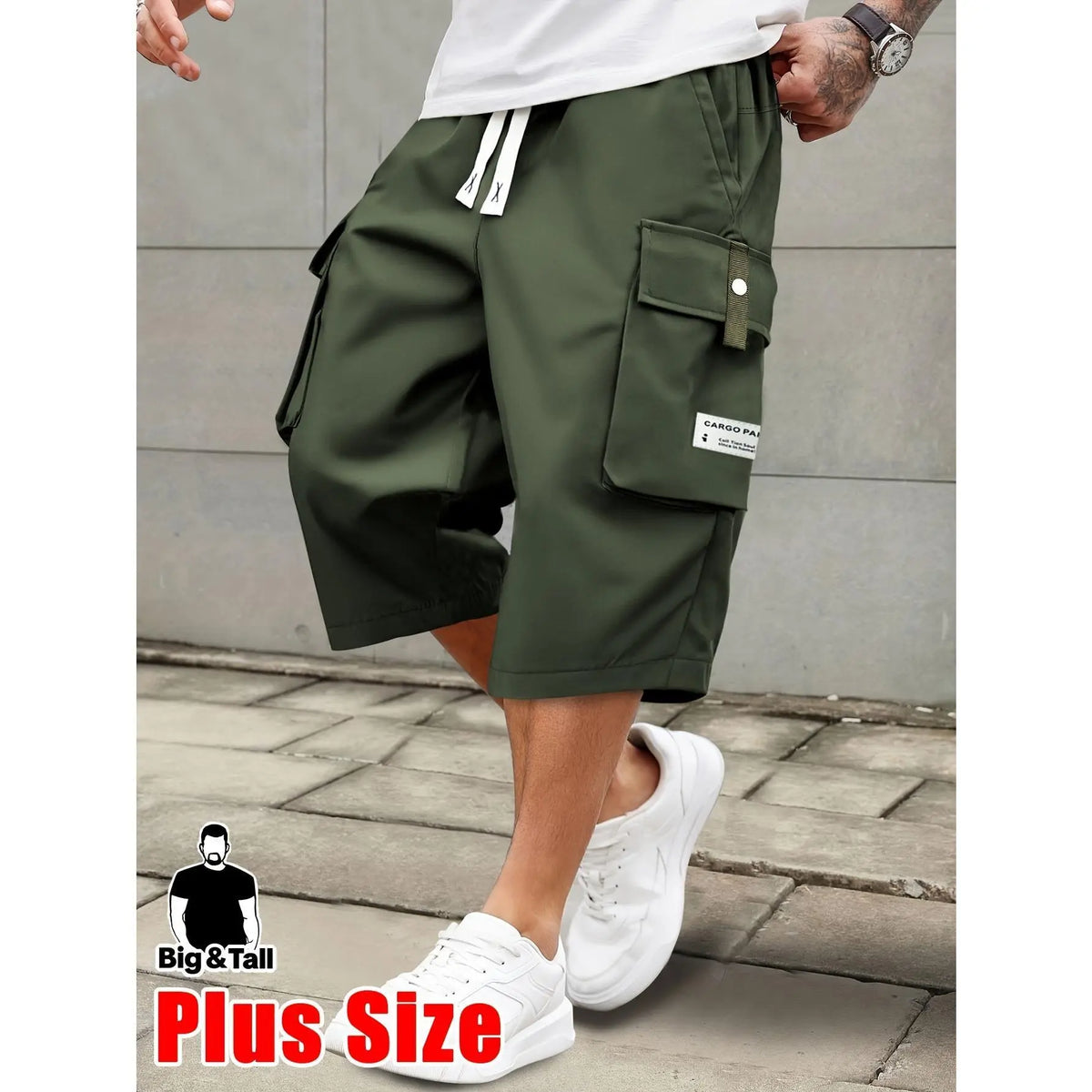 Men's plus size summer work pants elastic drawstring waist circumference, multiple pockets and letter patches, regular mid waist non elastic fabric, opaque, suitable for daily and casual wear, Father's Day gift casual pants for summer