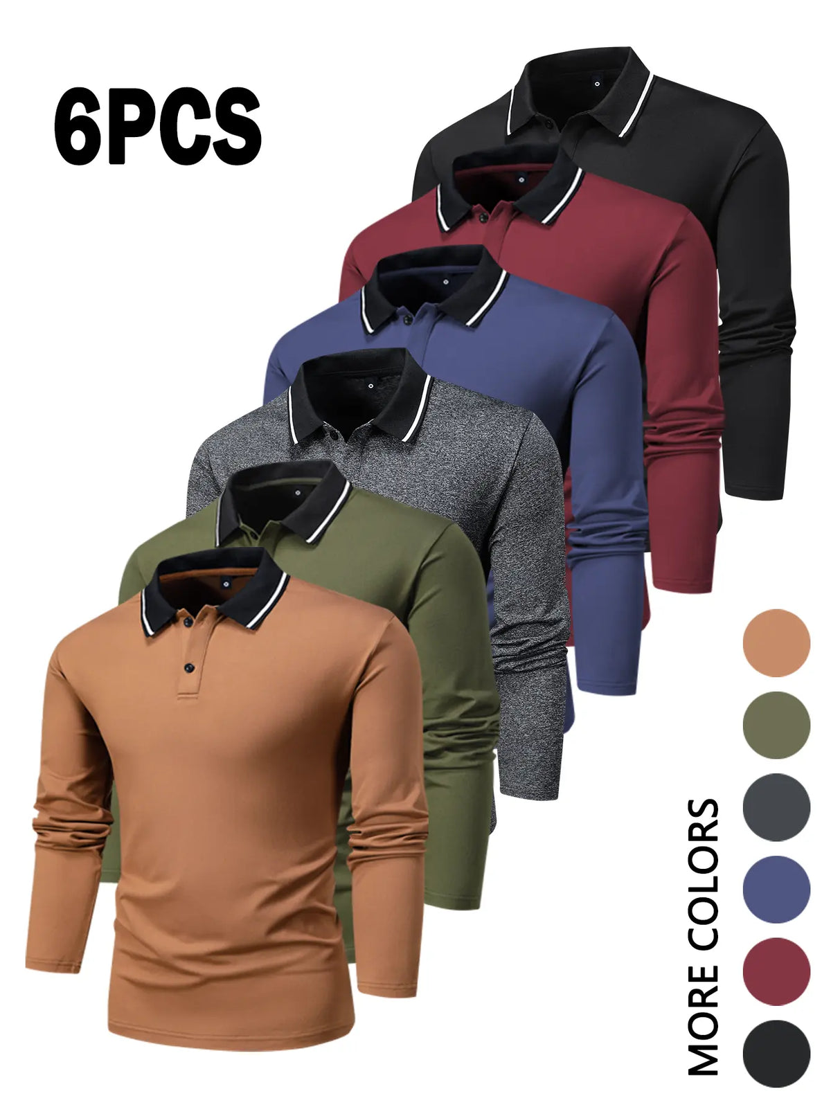 Men’s 6-Pack Long Sleeve Polo Shirts, Retro Vintage Chic Draped Plain Tops, Spring-Fall Regular/Plus Size, Lightweight Wrinkle-Resistant Solid Color, Casual Outdoor Camping & High-End Business Turn-Down Collar Button Front, Party Wear