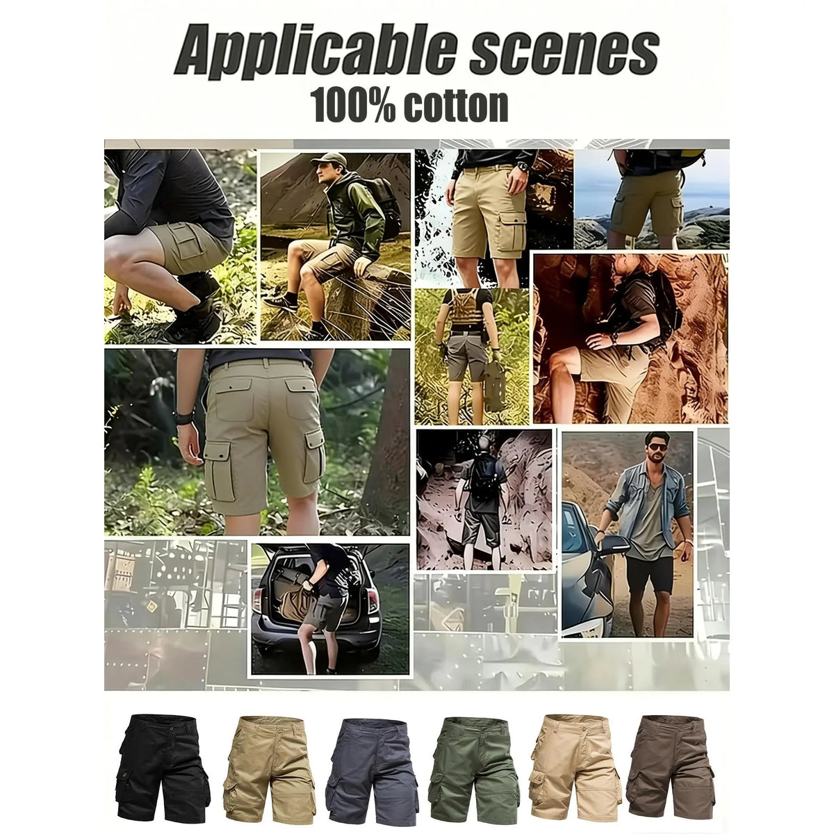 5-Piece Set Men's Vintage Organic Cotton Cargo Shorts - Mid Waist, Straight Knee Chino Bottoms, Loose Fit, Breathable, Soft, Multiple Pockets - Casual Pants for Camping&Hiking, Outdoor, Daily Wear - Light Solid Color Male Streetwear