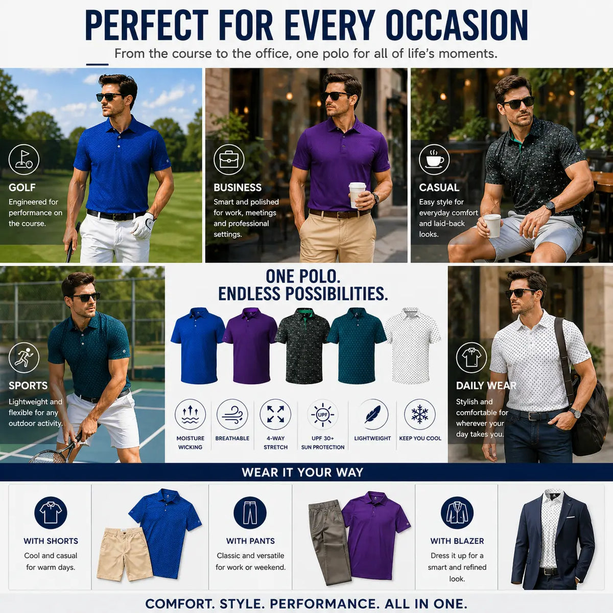ZITY Men’s 3-Pack Short Sleeve Unique Prints Button Polo Shirts - 4-Way Stretch, Breathable, Moisture Wicking, Cool Touch, UPF 30+ Protection, Casual Outdoors/Party Top - Check Size Chart, Holiday Gifts for Boyfriend
