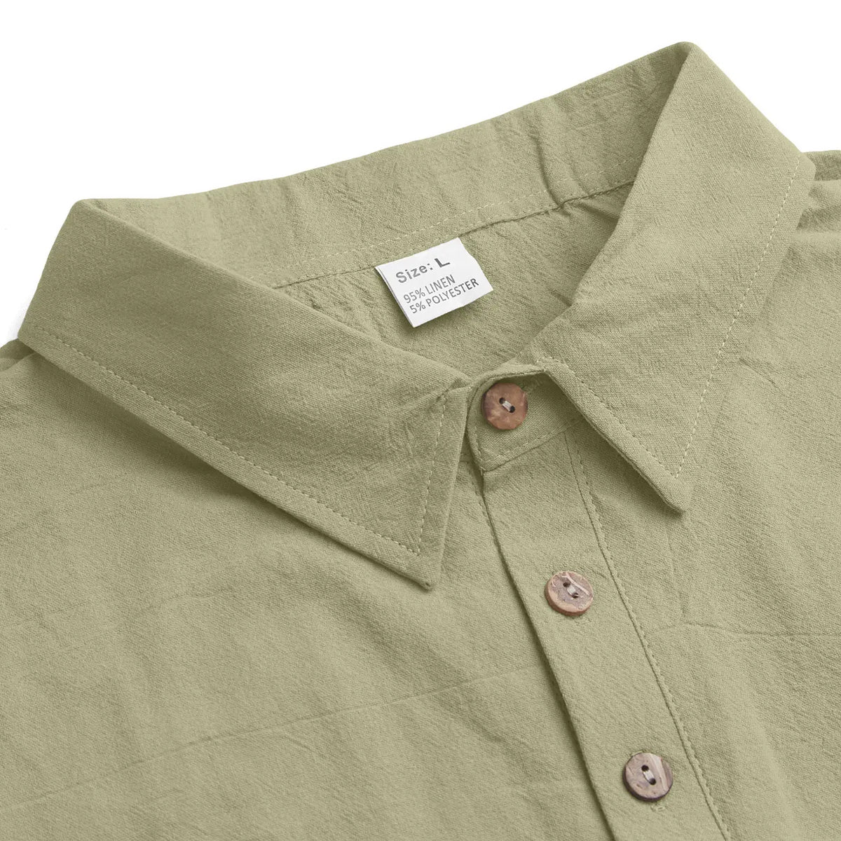 Men’s summer washable crinkled linen polo shirt with classic lapel and three-button placket, relaxed drop-shoulder fit; lightweight and breathable—ideal for seaside/beach, commuting, and casual wear.