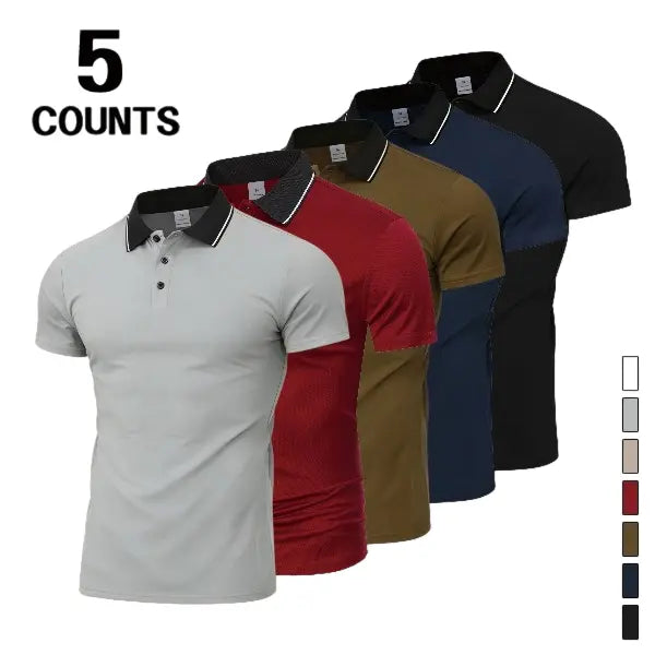 Men's Knit Fitted Stylish Breathable Basic Summer Multi-Color Short Sleeve Polo Shirts (Pack of 5) - 3-Button Front, Soft Skin-Friendly Fabric, Slim Fit, Suitable for Business & Casual Wear