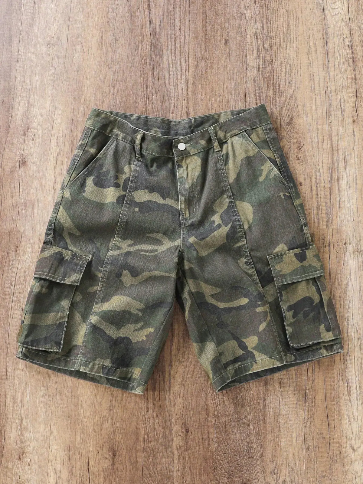 Men's Camouflage Workwear Denim Cargo Shorts, Multi-Pocket Loose-Fit Cotton Summer Shorts, Street Style Hip-Hop Fashion, Streetwear, Camouflage Print Shorts
