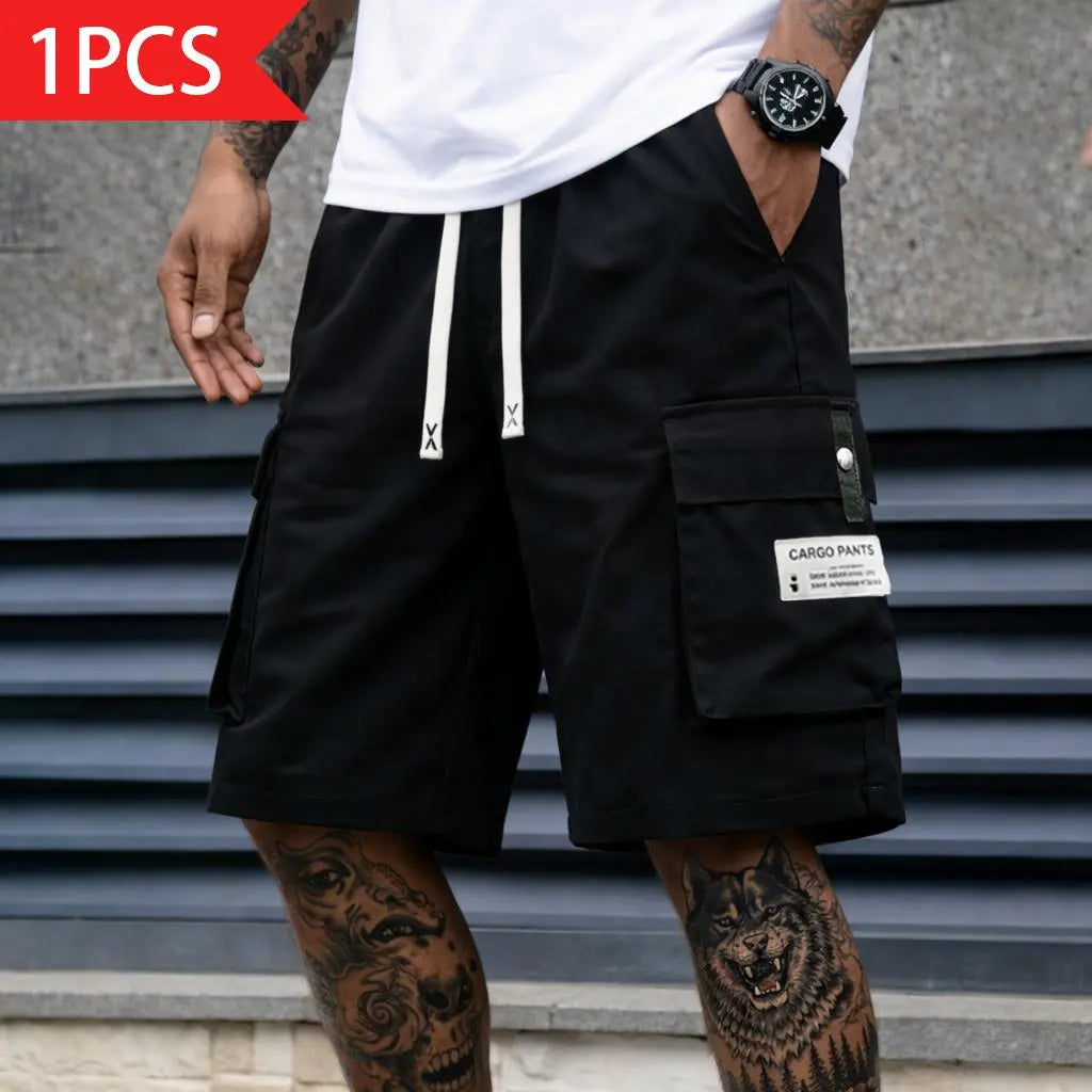 Men's 3-Pack Loose-Fit Cropped Cargo Bermuda Shorts - Mid Waist Elastic Band, Cargo Pockets, Plain Solid Color, Figure-Flattering, Easy to Match, Washable, Outdoor-Ready Casual Polyester Menswear Bottoms, Cropped Cargo Men's Shorts