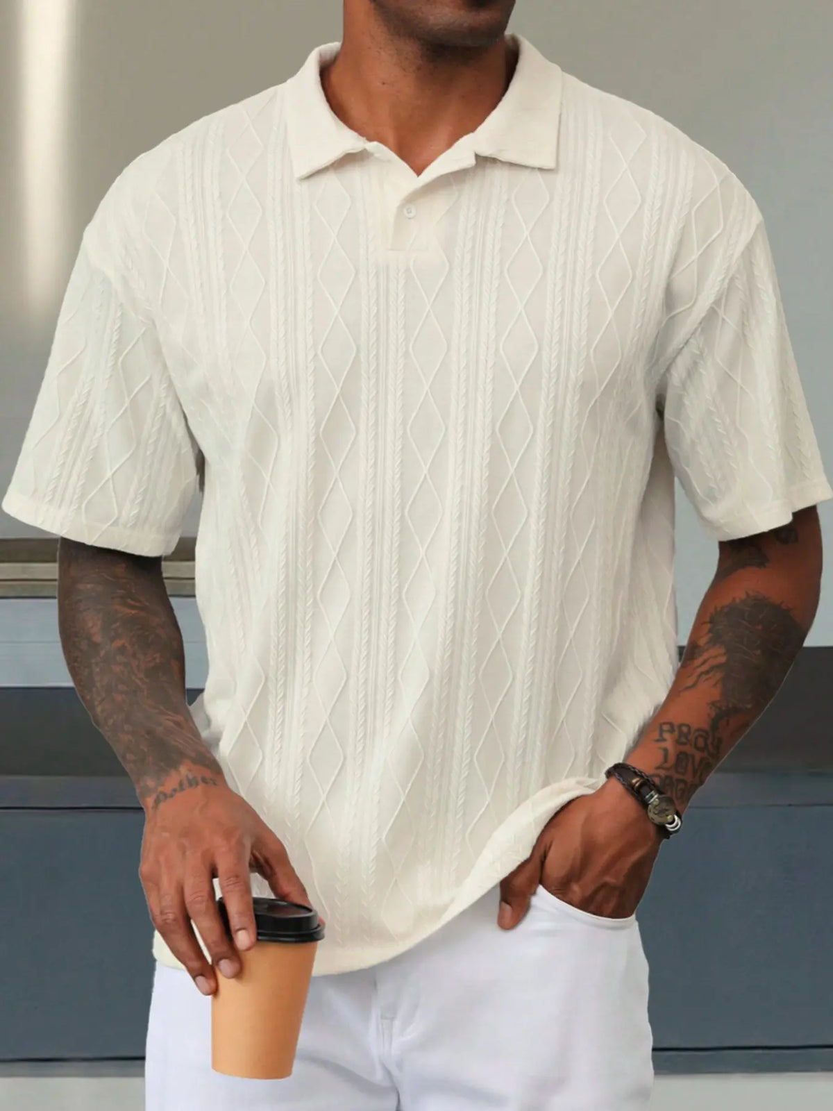 Men's Textured Design Knitted Polo Shirt, Casual Summer Fitted Plain Short Sleeve Top, Soft Breathable Fabric, Trendy Daily Wear, Casual Polo Shirts
