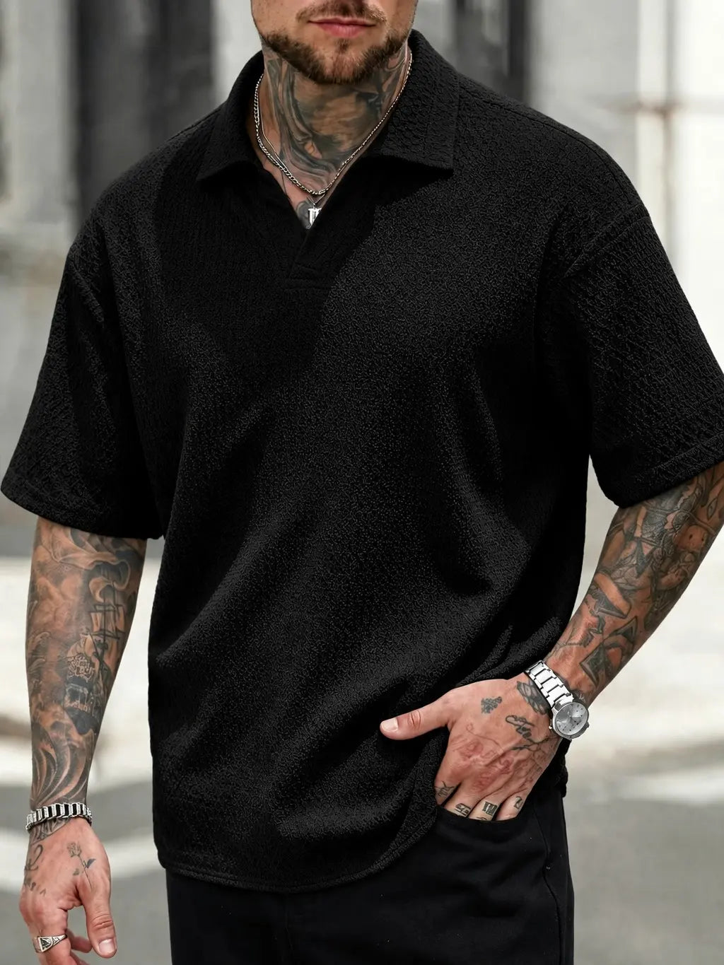 Men's 2-Pack Plain Jacquard Drape Polo Shirts - Short Sleeve, Johnny Collar, V-Neck, Breathable, Lightweight, Soft, Versatile, Sporty Chic, Street Chic, All Seasons Tops - Ideal for Everyday Wear, Workwear, Modern Menswear