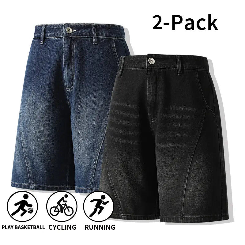 Men's 3-Pack Washed Denim Bermuda Shorts Outfits Set - Loose-Fit, Breezy Cut, Knee-Length, Breathable, Machine Wash, Sporty Casual for Outdoor, Everyday Wear