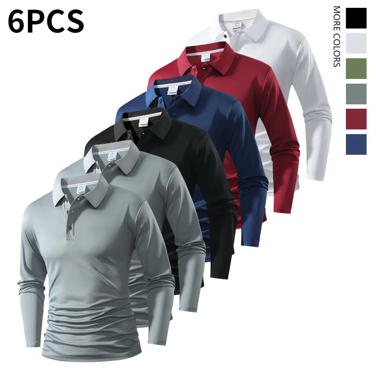 Six-piece men's long-sleeved polo shirts, with plain designs. The combinations are diverse, suitable for various style matching, such as for travel, business, golf, or suburban tours.