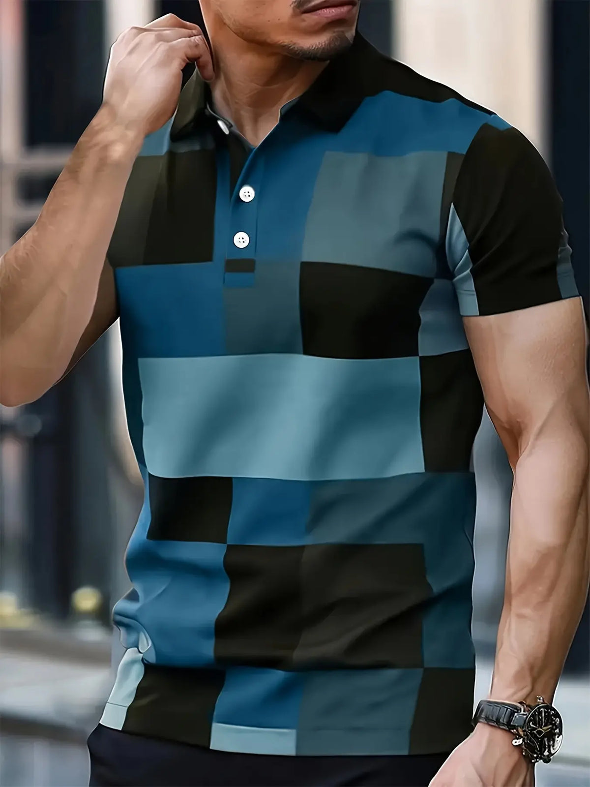Men's Printed Color Blocked Casual Menswear Short Sleeved Buttoned Polo Shirt Collared Polo Shirts Summer Polos