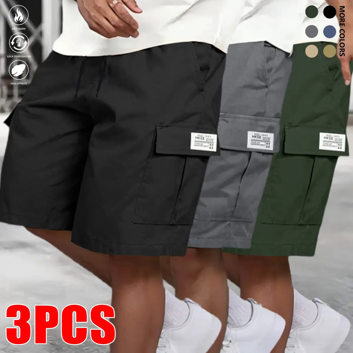 Men's 3-Pack Cargo Shorts Bundle (Black+Gray+Khaki) - Heavy-Duty Ripstop Fabric, Utility Pockets, Adjustable Waist, Fitted Cut, Workout Ready - Men's Clothing for Hiking, Construction Use, Size M