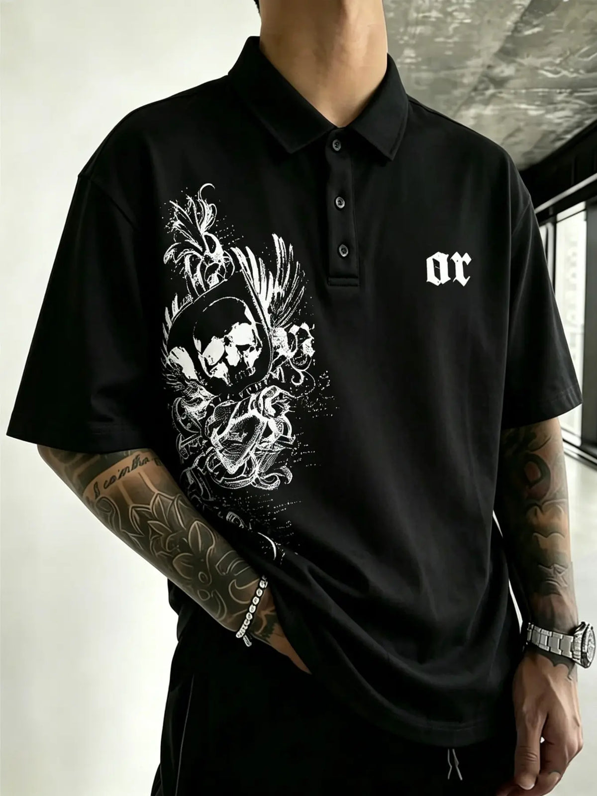 Men's Black Gothic Skeleton Letter Printed – American retro Gothic street style short-sleeved top, Streetwear Polo Shirt, suitable for Y2K, casual daily wear, date outfits, campus life, street style, light business casual, summer outings.