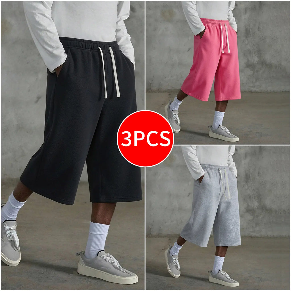 3-pack Men’s casual seven-eighths shorts, summer street style; men’s straight-leg athletic pants; soft, comfortable jogging pants with pockets—suitable for everyday life, work, travel, running, leisure, and outdoor activities.