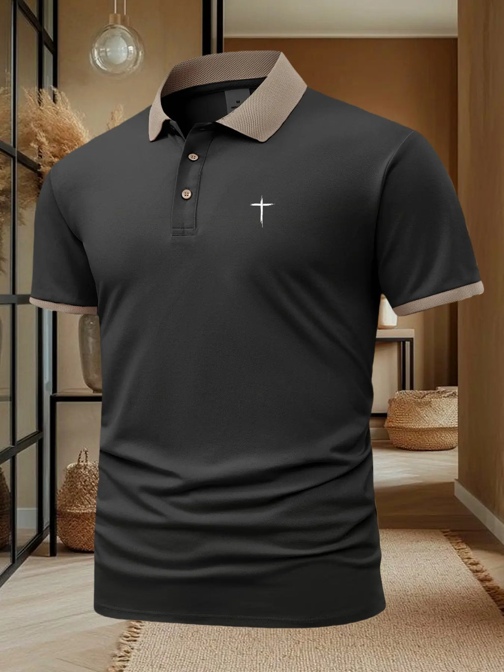 Men's Cross Print Casual Classic Short Sleeve Polo Shirt, Summer Fashion Breathable Top, Stylish Leisure Wear, Perfect Gift Idea
