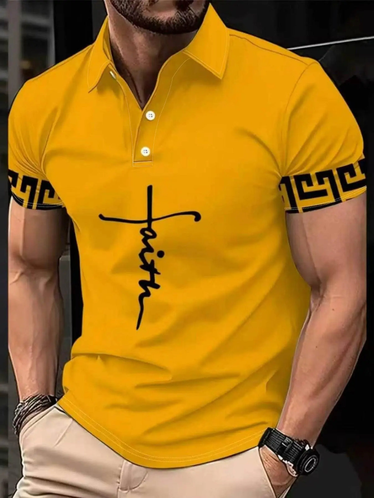 Men's Fashion Streetwear Short Sleeve Collared Polo Shirt, Geometric Print, Classic Casual Fitted Design, Polo Style, All Seasons, Perfect for Vacation & Daily Wear, Menswear, Printed Polo Shirts, Summer Polos