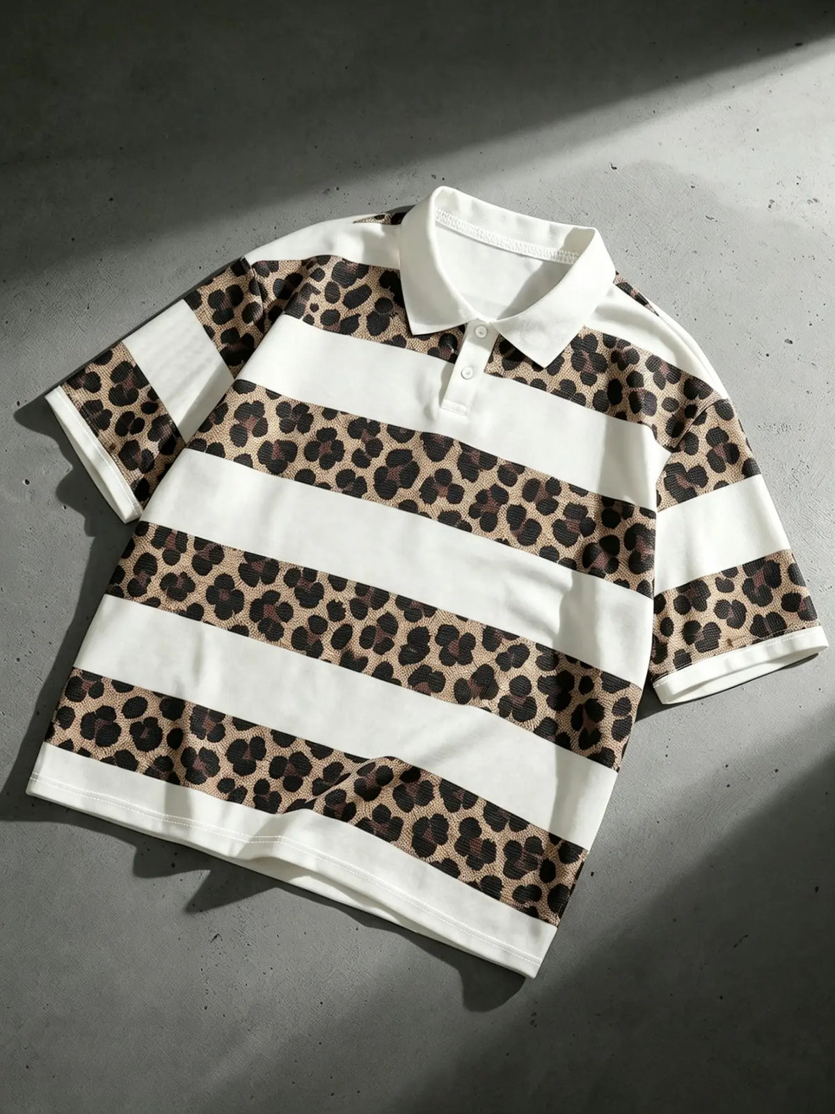 Men's Leopard Print And White Striped Patchwork Printed Polo Shirt, Loose Fit Short Sleeve Casual Top For Summer Polos Daily Streetwear Menswear