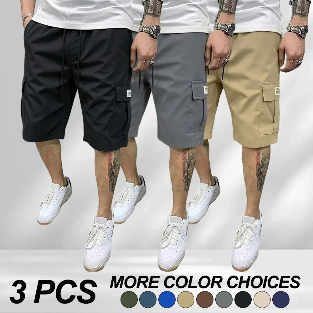 3-piece set of men’s fitted workwear shorts — casual summer drawstring color-blocked shorts that are lightweight and breathable, featuring diagonal insertion and multiple pockets; multifunctional for daily wear, beach, and fitness. Men’s fitted shorts; a