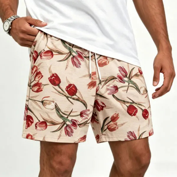 Men's Floral Print Drawstring Waist Shorts, Regular Fit Bohemian Casual Pocket Shorts for Summer, Men's Bottoms for Beach Vacation，For the desired model effect, please order one size larger.