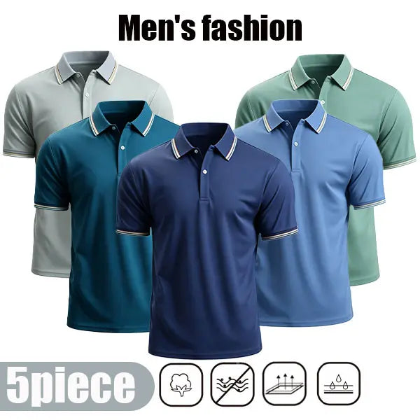 Men's 5-Pack Short-Sleeve Polo Shirts Set, Classic Notched Collar, Soft Lightweight Breathable Moisture-Wicking Fabric, Striped Athletic Activewear Top, Multiple Stylish Colors, Casual Sport Menswear