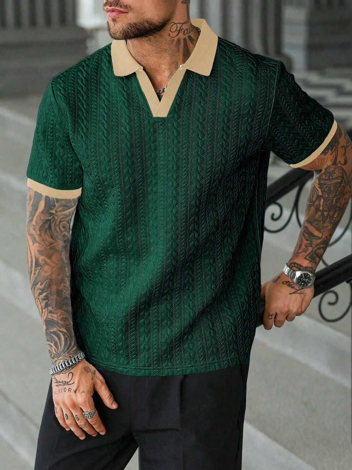 Men’s Cream V-Neck Polyester Knit Polo Shirt - Contrast-Color, Short-Sleeve, Textured, Retro-Style, Fitted Cut, Medium Length Male Clothing for Casual Commuting, Moire Stripes